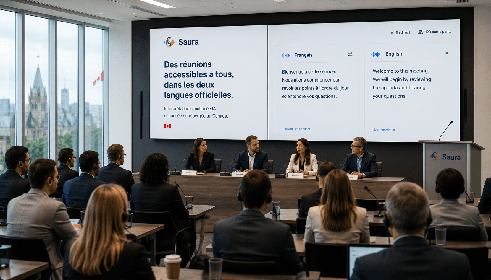 Salle de réunion gouvernementale avec Saura à l’écran et une audience équipée de casques